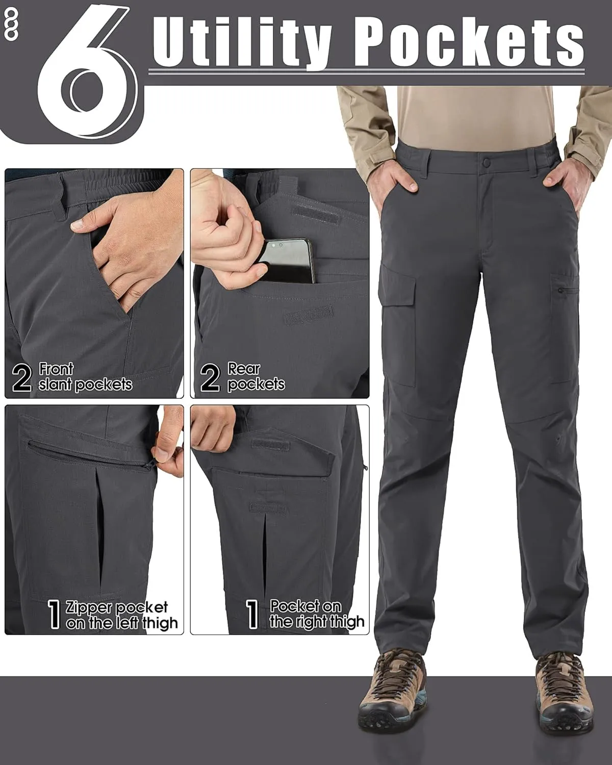 33,000ft Hiking Cargo Pants Men 6 Pockets Water Resistant Lightweight Fishing Outdoor Travel Work