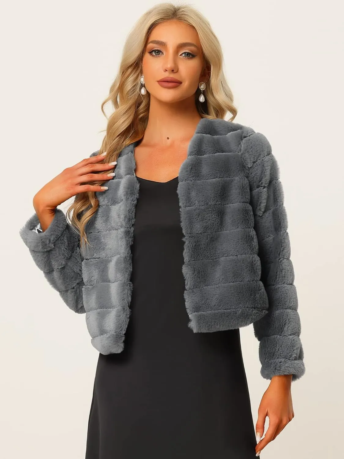 Allegra K Women's Winter Warm Cropped Jacket Collarless Faux Fur Fluffy Coat
