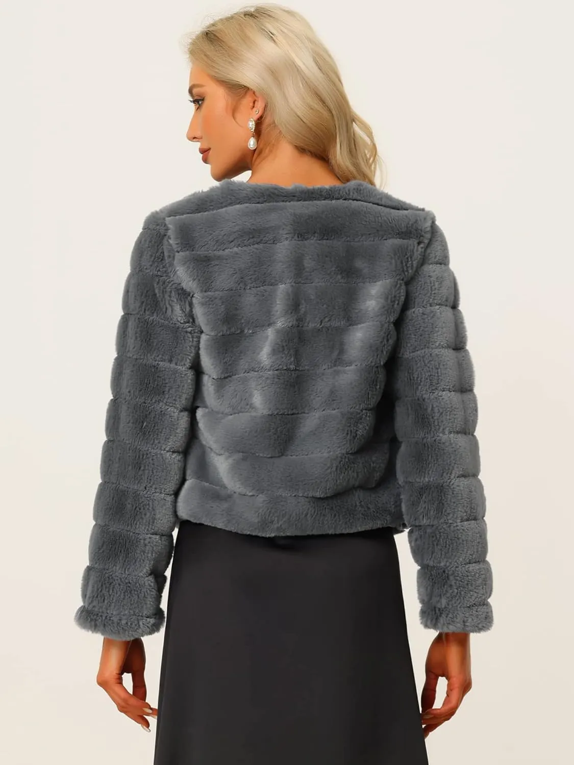 Allegra K Women's Winter Warm Cropped Jacket Collarless Faux Fur Fluffy Coat
