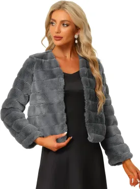 Allegra K Women's Winter Warm Cropped Jacket Collarless Faux Fur Fluffy Coat