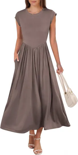 ANRABESS Women Cap Sleeve Maxi Dress Summer Dressy Casual Elegant Fit Flare High Waist Flowy Aline Long Beach Sundress