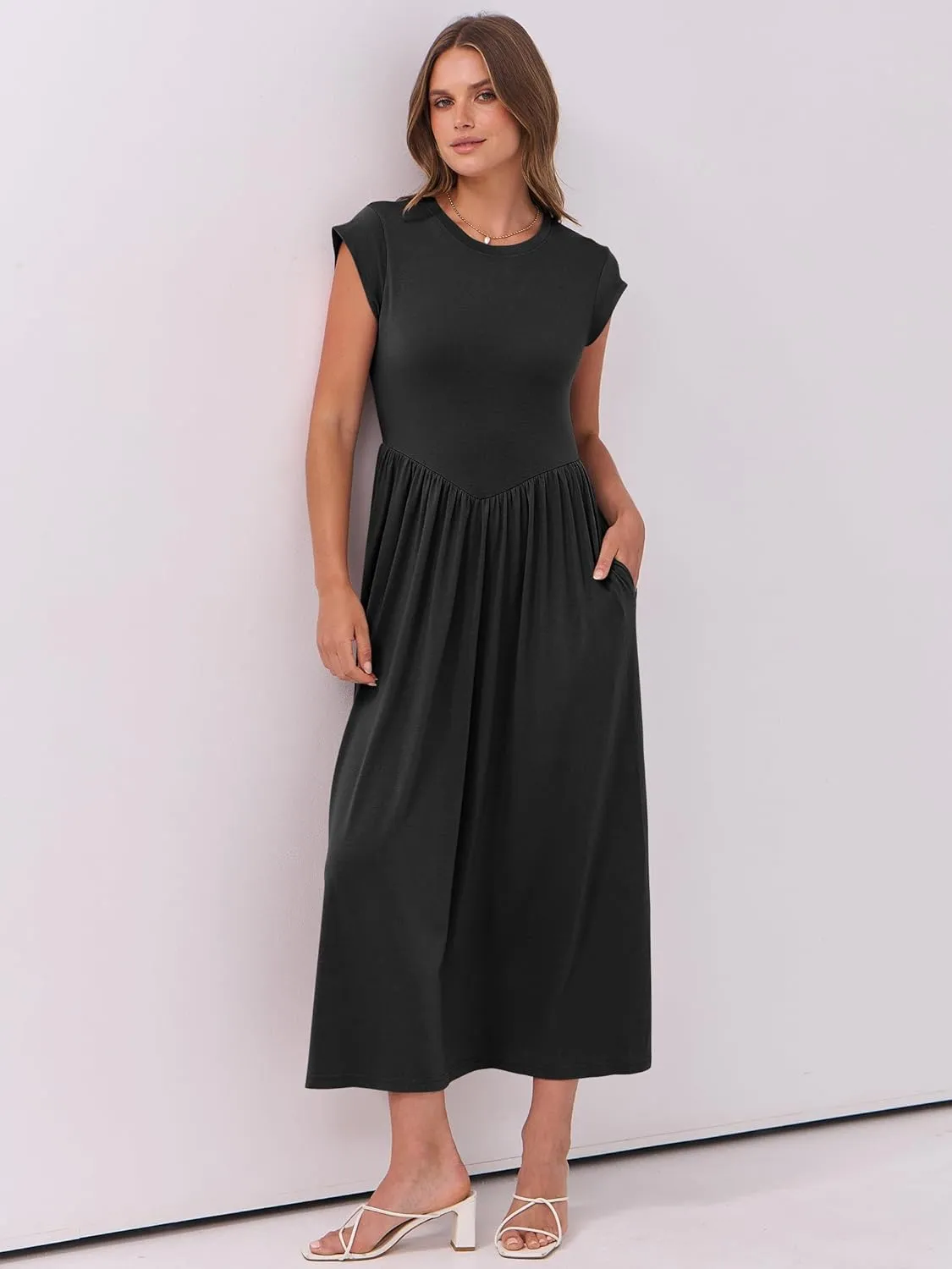 ANRABESS Women Cap Sleeve Maxi Dress Summer Dressy Casual Elegant Fit Flare High Waist Flowy Aline Long Beach Sundress
