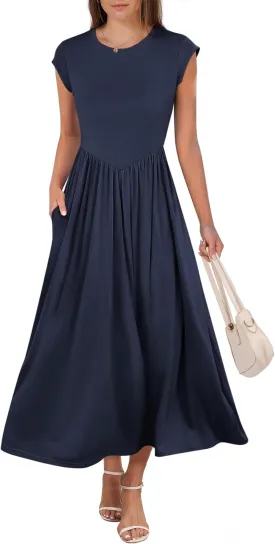 ANRABESS Women Cap Sleeve Maxi Dress Summer Dressy Casual Elegant Fit Flare High Waist Flowy Aline Long Beach Sundress