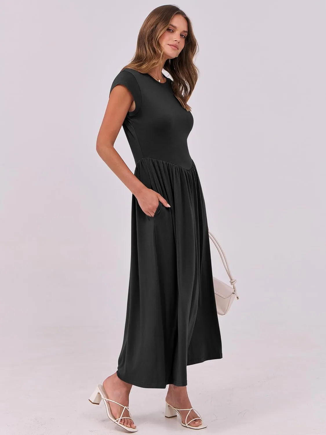 ANRABESS Women Cap Sleeve Maxi Dress Summer Dressy Casual Elegant Fit Flare High Waist Flowy Aline Long Beach Sundress