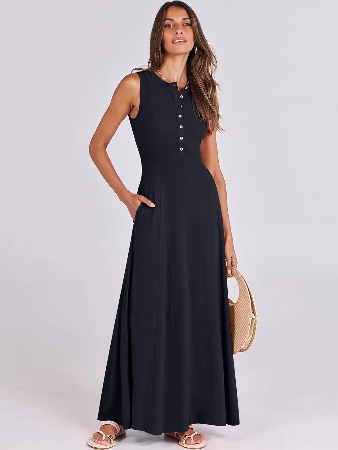 ANRABESS Women Summer Casual Sleeveless Maxi Sundress Button Fit & Flare A-Line Flowy Long Dresses 2025 Beach Outfits