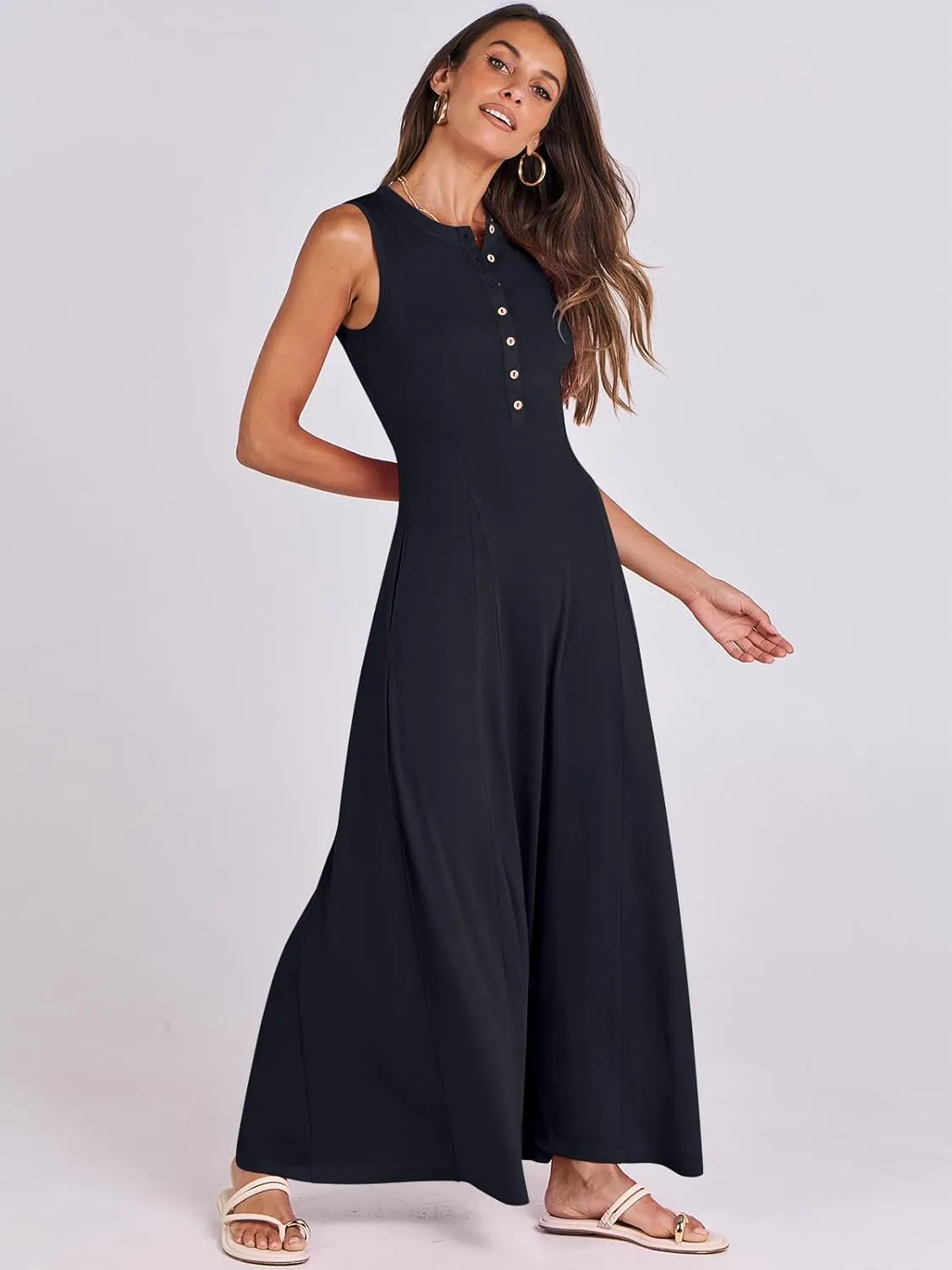 ANRABESS Women Summer Casual Sleeveless Maxi Sundress Button Fit & Flare A-Line Flowy Long Dresses 2025 Beach Outfits