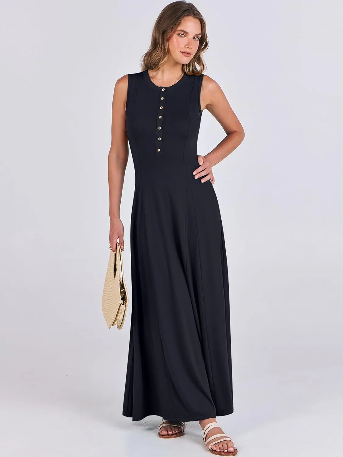 ANRABESS Women Summer Casual Sleeveless Maxi Sundress Button Fit & Flare A-Line Flowy Long Dresses 2025 Beach Outfits