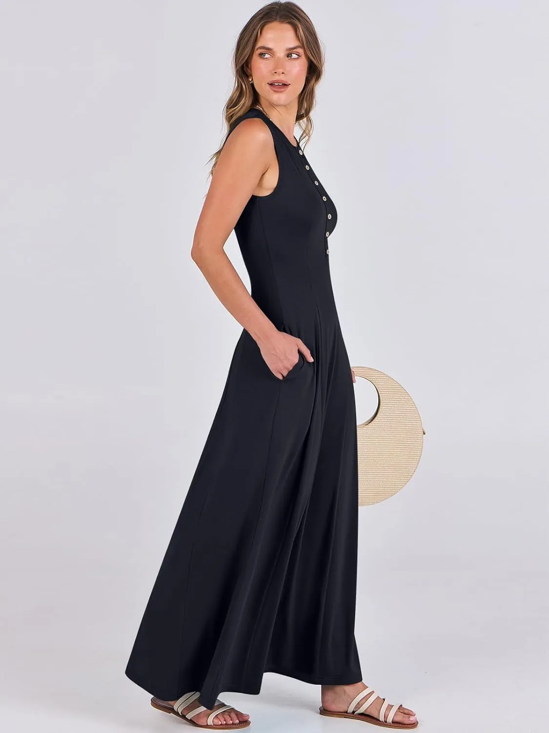 ANRABESS Women Summer Casual Sleeveless Maxi Sundress Button Fit & Flare A-Line Flowy Long Dresses 2025 Beach Outfits
