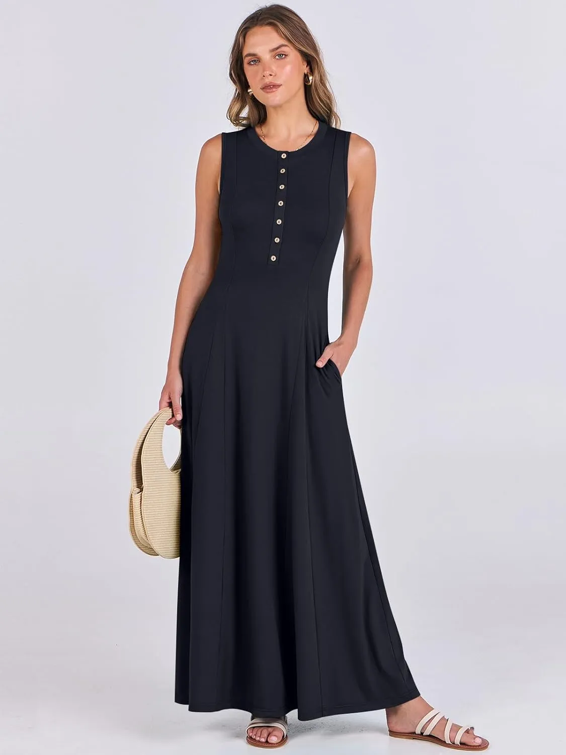 ANRABESS Women Summer Casual Sleeveless Maxi Sundress Button Fit & Flare A-Line Flowy Long Dresses 2025 Beach Outfits
