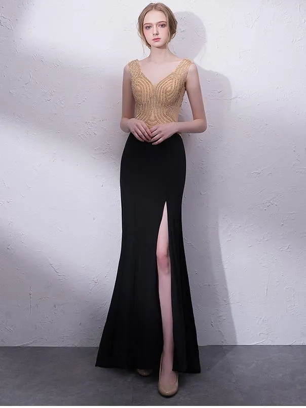 Black V-Neck Lady Elegant Tailing Banquet Dress