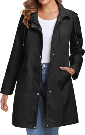 Bloggerlove Rain Jacket for Women Long Raincoat with Hood Lightweight Windbreaker Waterproof Outdoor Trench Coat