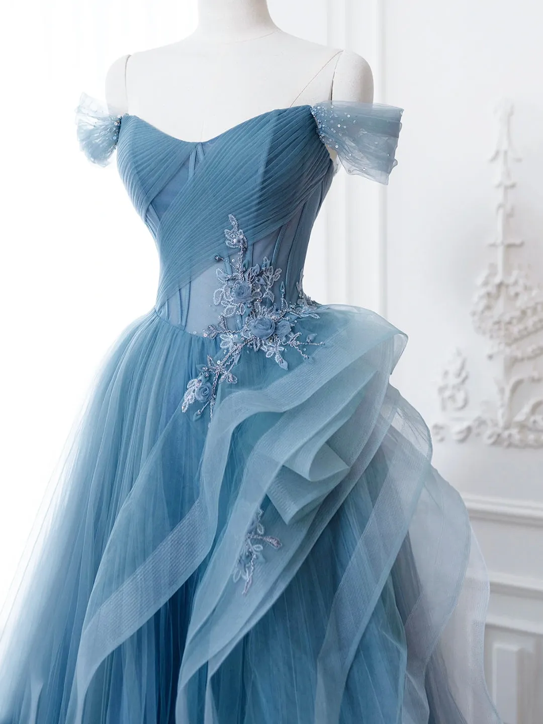 Blue Tulle Lace Long Formal Dress A-Line Blue Evening Prom Dress