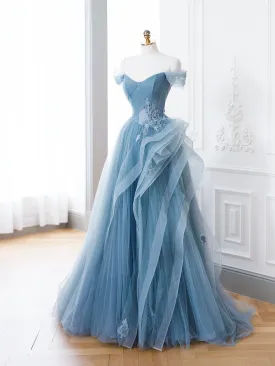 Blue Tulle Lace Long Formal Dress A-Line Blue Evening Prom Dress