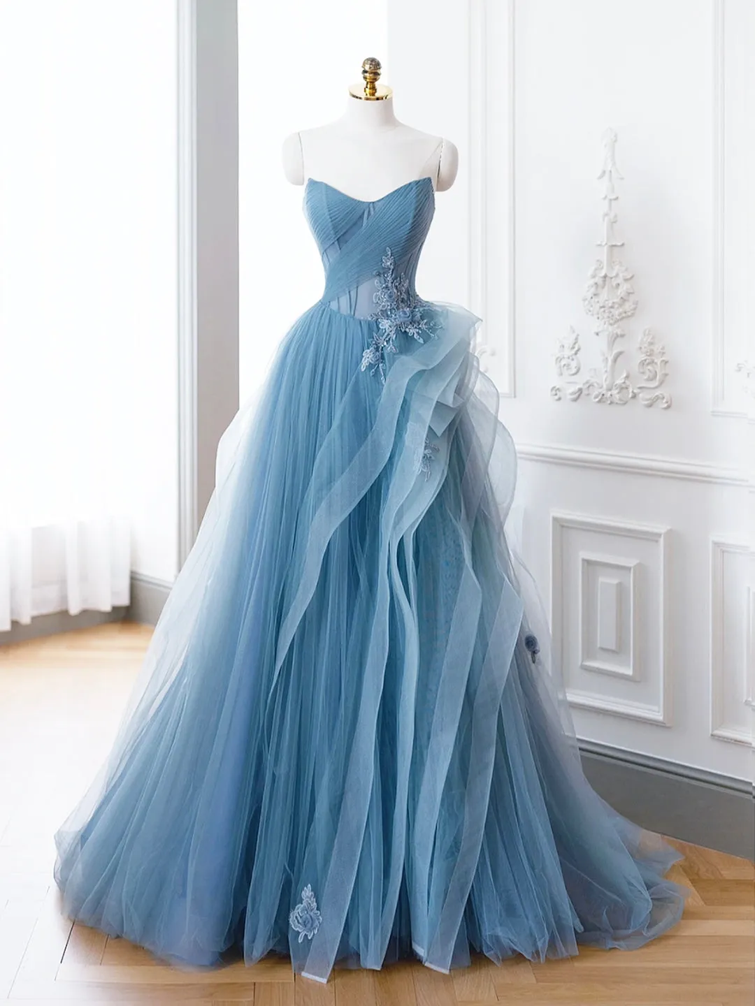 Blue Tulle Lace Long Formal Dress A-Line Blue Evening Prom Dress