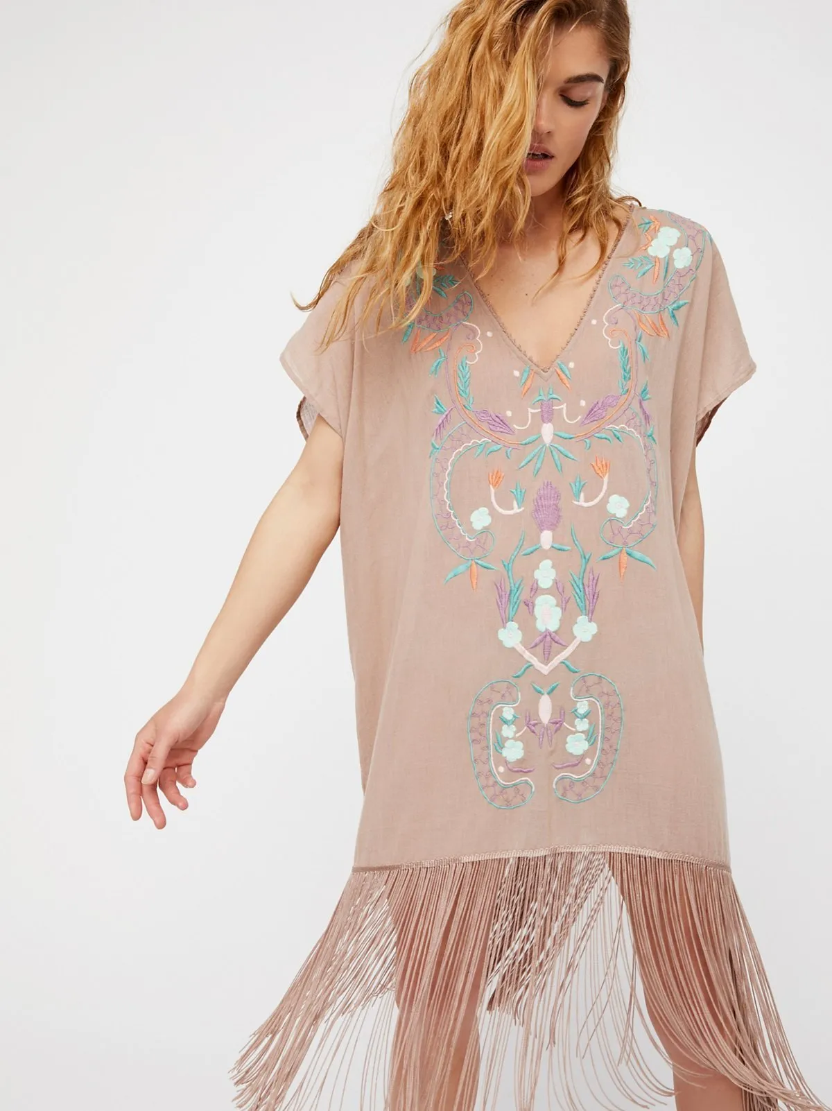 Bohemian style embroidered seaside resort DEEP V-neck sexy dress