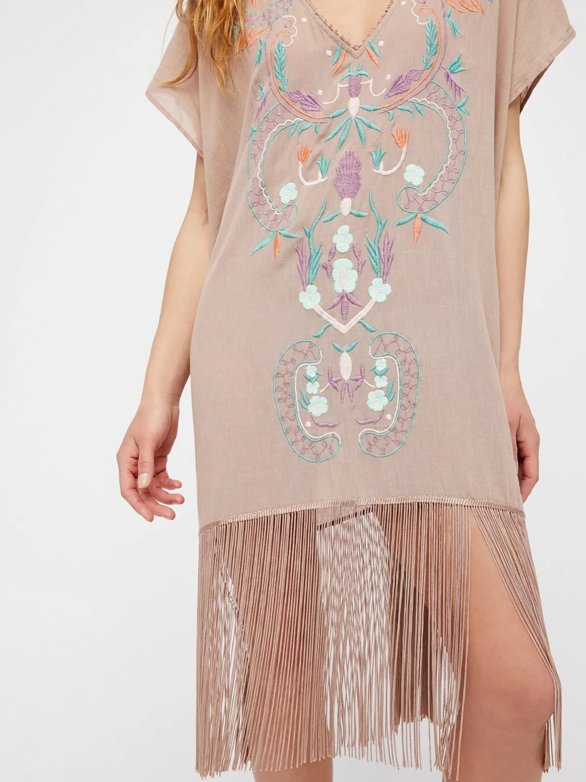 Bohemian style embroidered seaside resort DEEP V-neck sexy dress