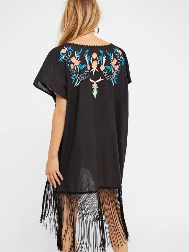 Bohemian style embroidered seaside resort DEEP V-neck sexy dress