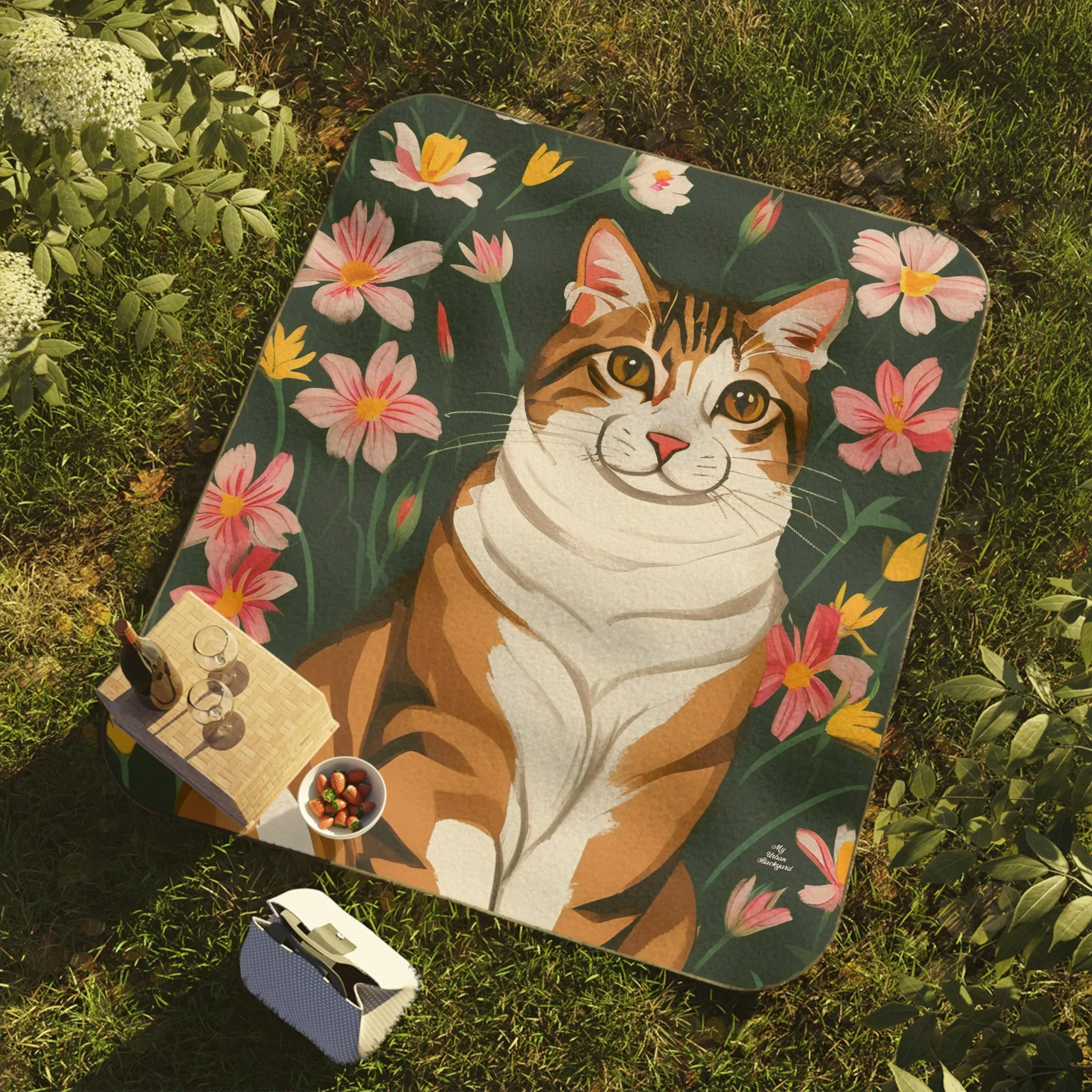 Cat and Pink Flowers, Cozy Outdoor Picnic Blanket, Water-Resistant Bottom, 51" × 61"