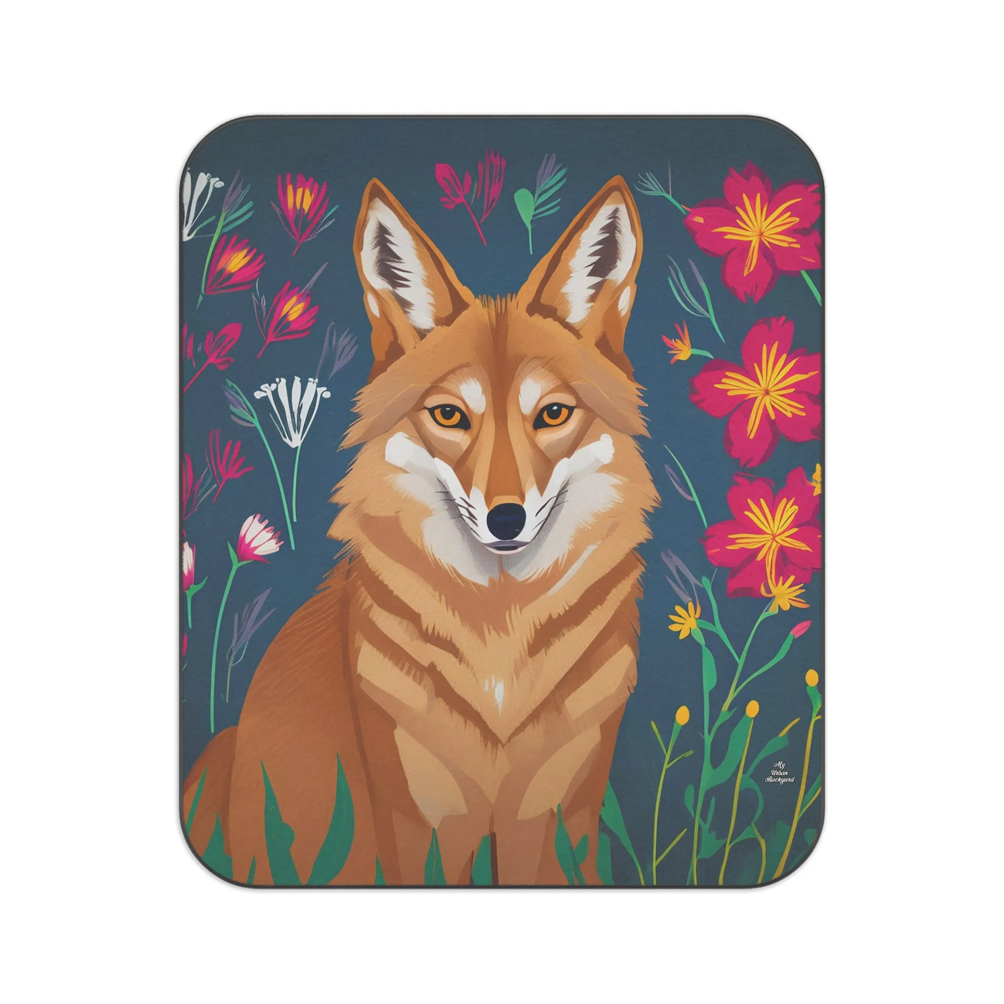 Coyote with Red Flowers, Cozy Outdoor Picnic Blanket, Water-Resistant Bottom, 51" × 61"