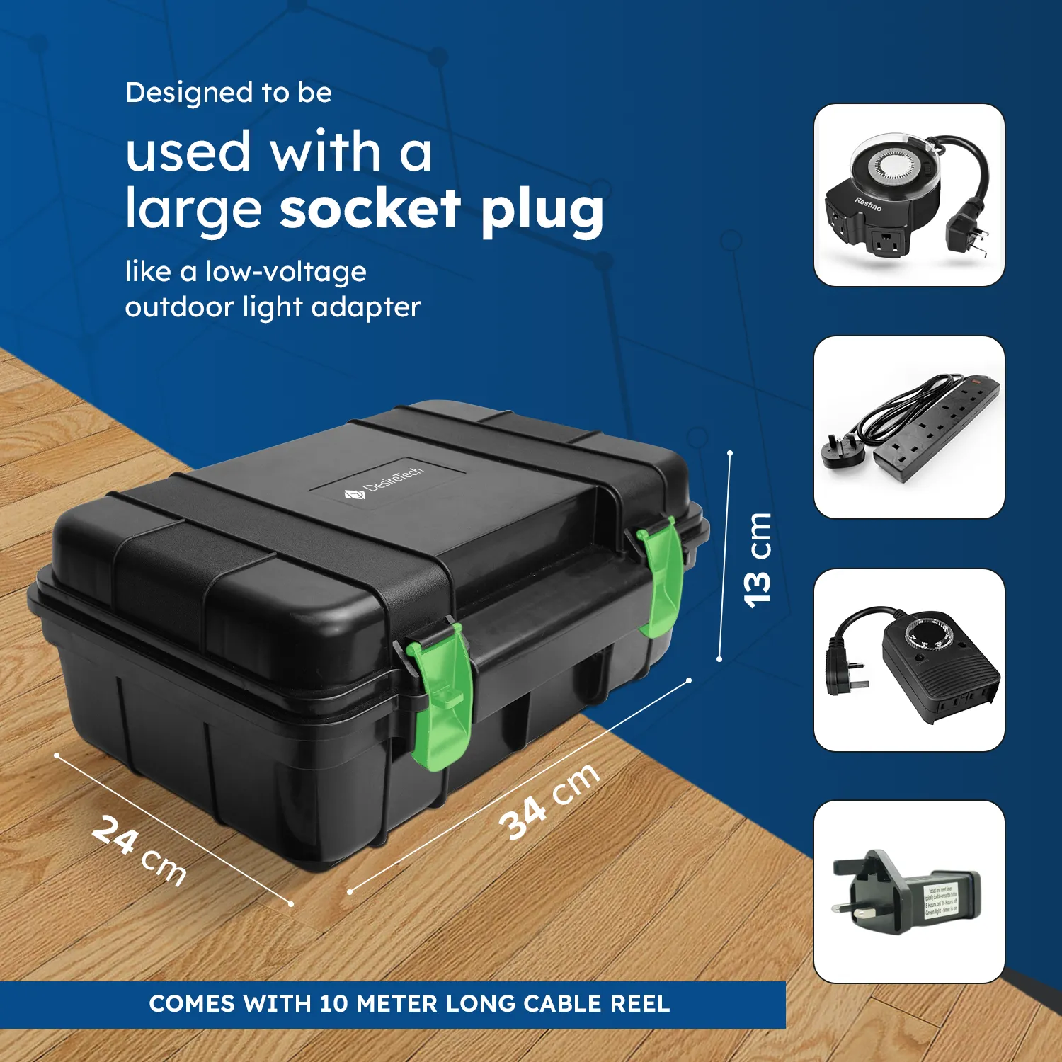 Desiretech Weatherproof Outdoor Electric Box with 4 Gang 10m Extension Lead – IP54 Rated, Heavy-Duty Power Supply for Garden Tools, Christmas Lights, and DIY Tasks