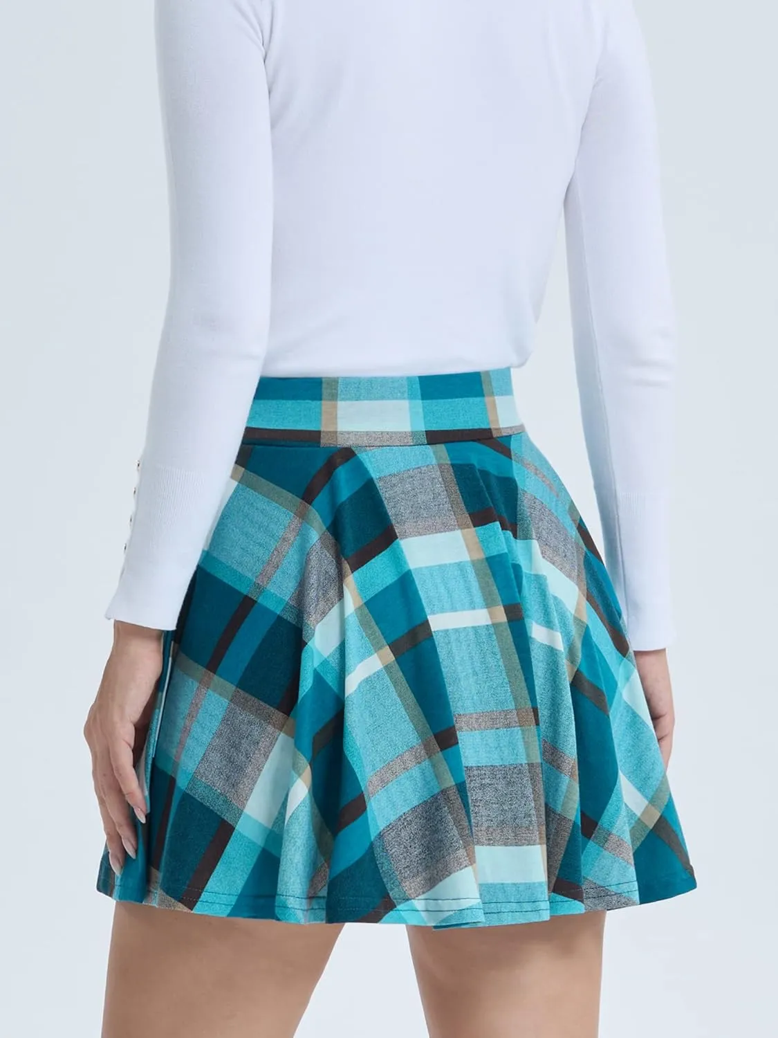 DJT Women Plaid Skirts Soft Stretchy High Waist Flared A-Line Mini Skater Skirt with Shorts