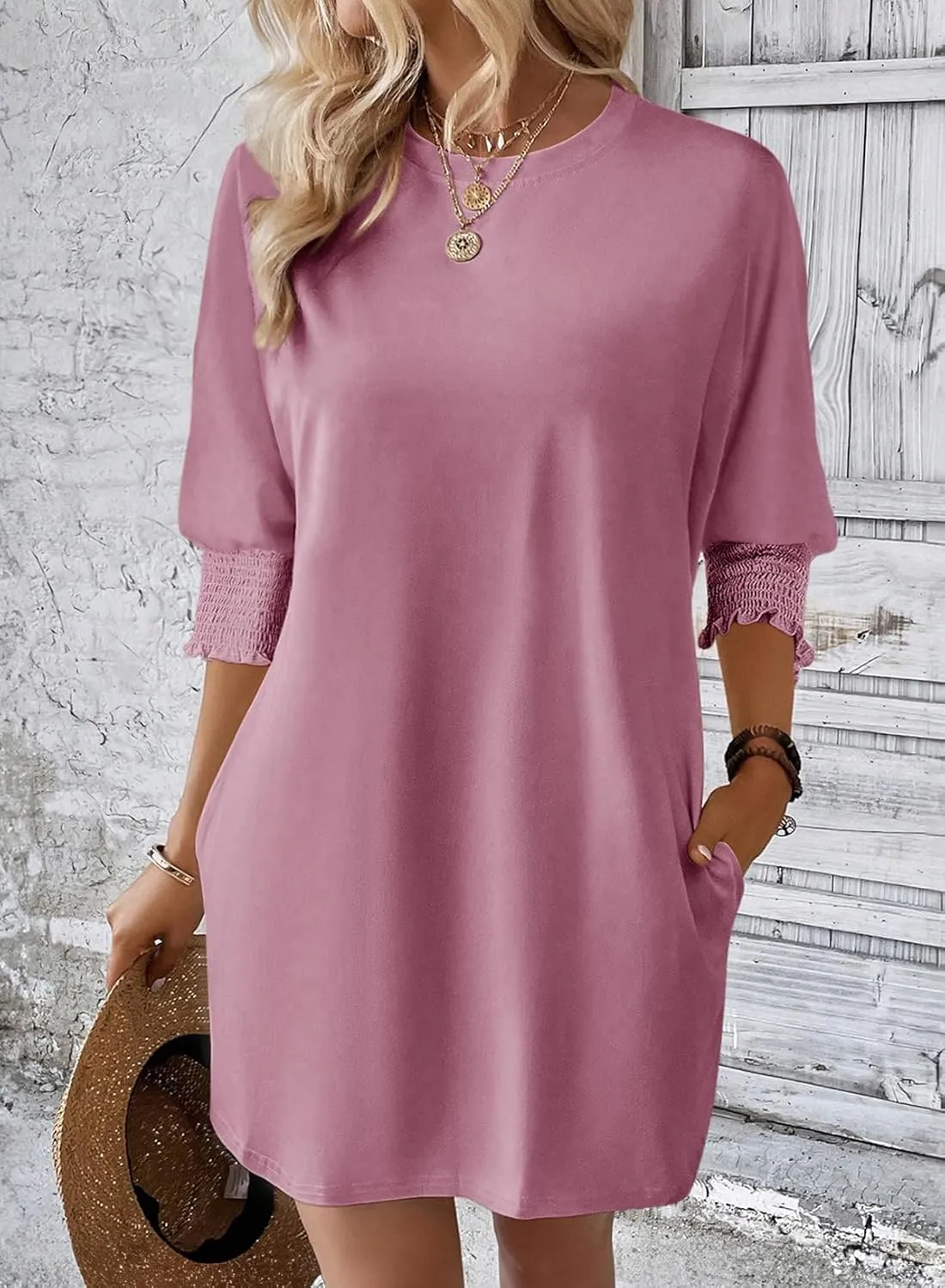 Dokotoo Womens Dresses 2025 Spring 3/4 Sleeve Fashion Dresses Crewneck Casual Mini Dress with Pockets S-XL