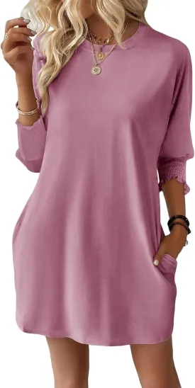 Dokotoo Womens Dresses 2025 Spring 3/4 Sleeve Fashion Dresses Crewneck Casual Mini Dress with Pockets S-XL
