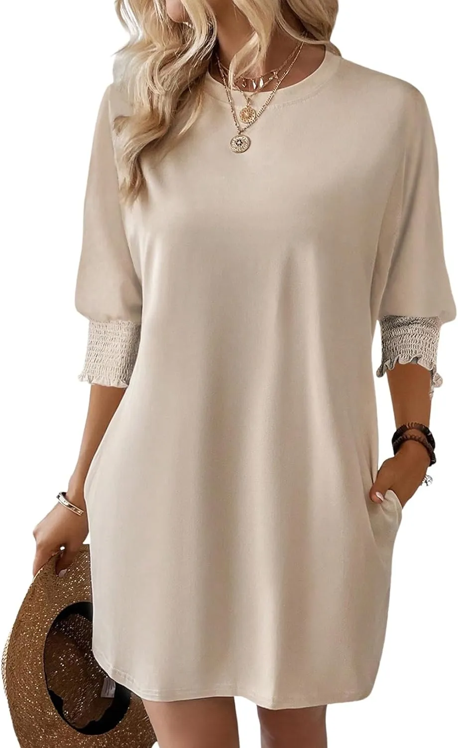 Dokotoo Womens Dresses 2025 Spring 3/4 Sleeve Fashion Dresses Crewneck Casual Mini Dress with Pockets S-XL