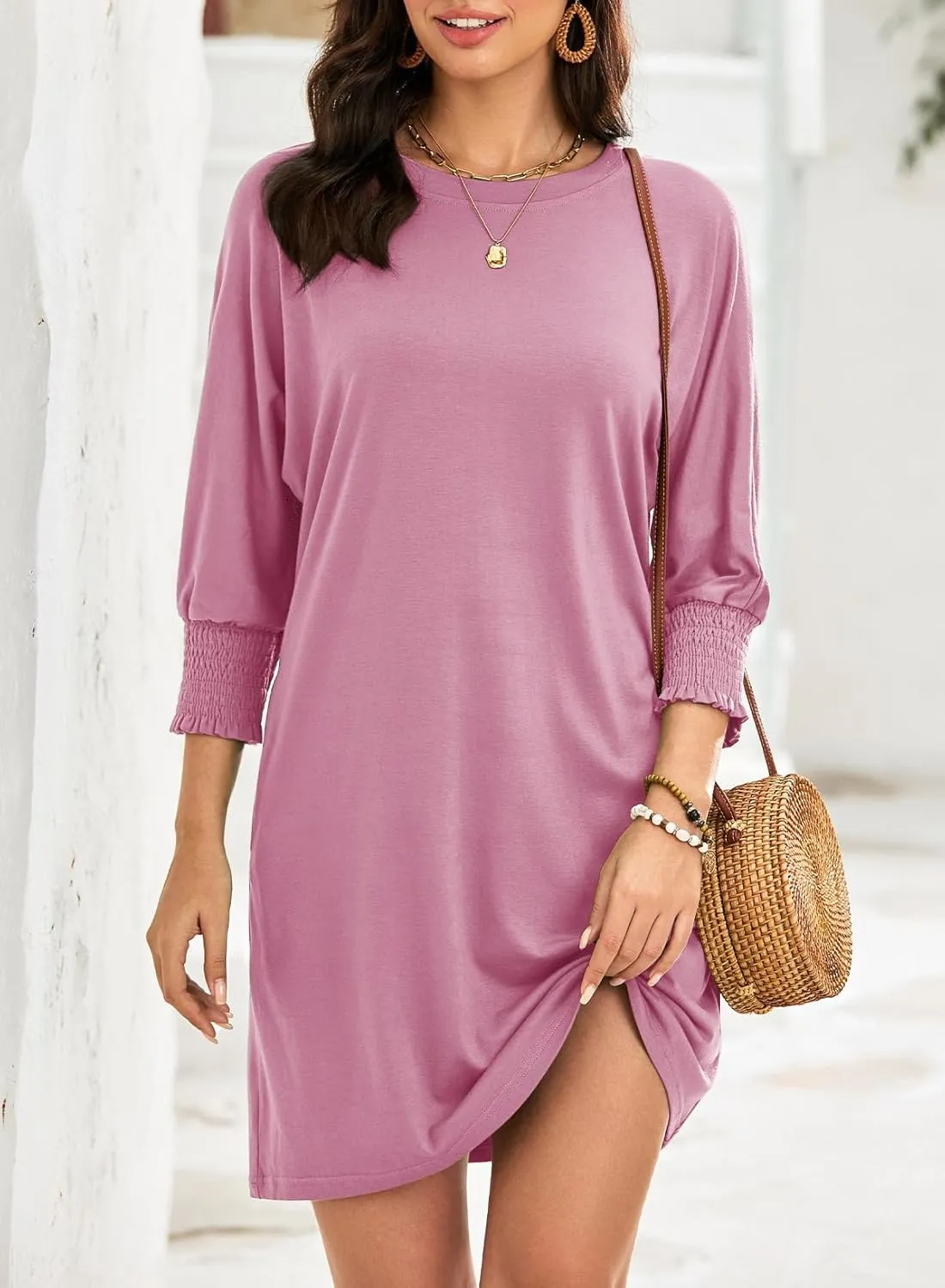 Dokotoo Womens Dresses 2025 Spring 3/4 Sleeve Fashion Dresses Crewneck Casual Mini Dress with Pockets S-XL