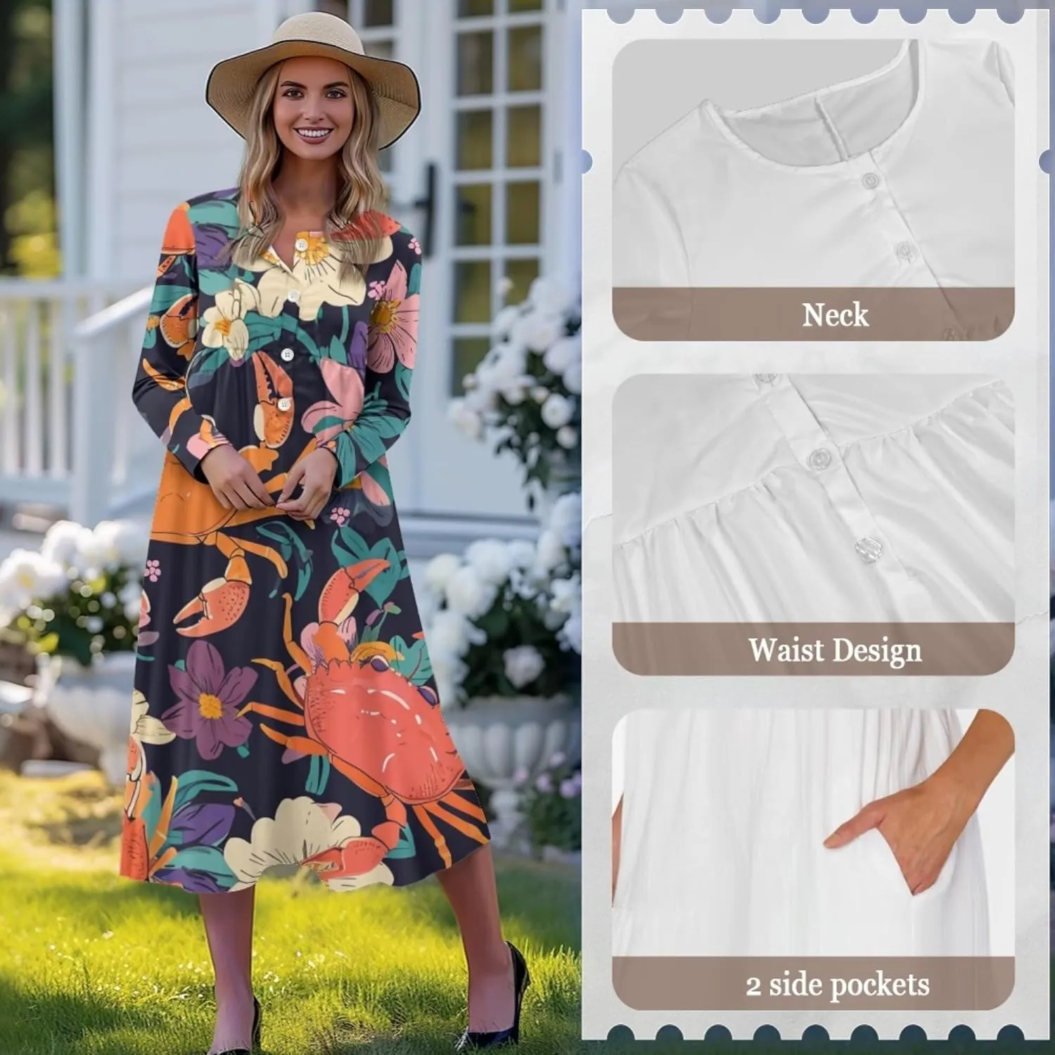 Dresses for Women Sexy V Neck Front Button Midi Party Dress Casual Long Sleeve Soft Comfy Fall Dresses with Pockets