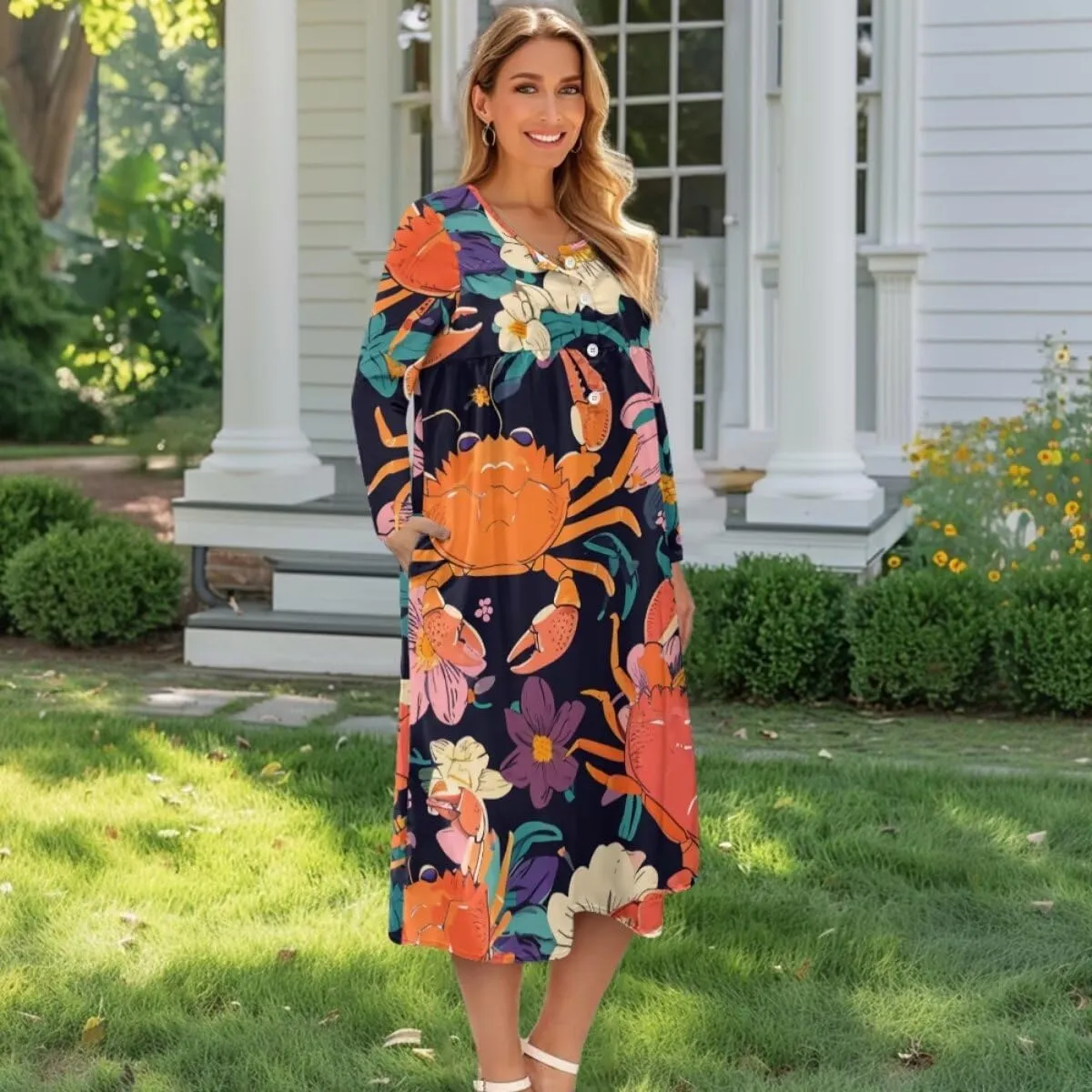 Dresses for Women Sexy V Neck Front Button Midi Party Dress Casual Long Sleeve Soft Comfy Fall Dresses with Pockets