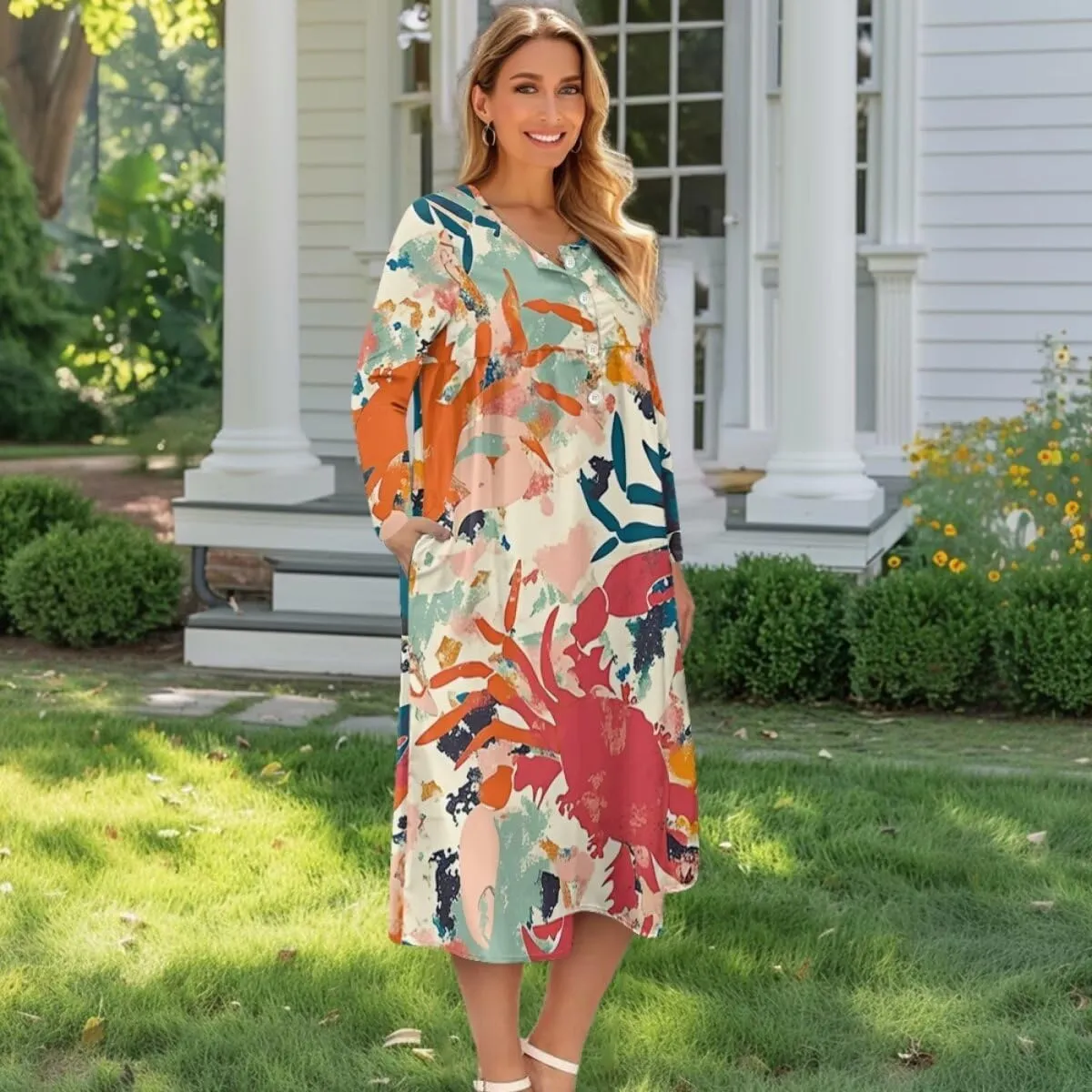 Dresses for Women Sexy V Neck Front Button Midi Party Dress Casual Long Sleeve Soft Comfy Fall Dresses with Pockets
