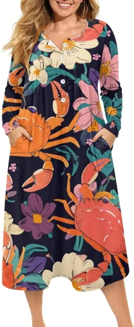 Dresses for Women Sexy V Neck Front Button Midi Party Dress Casual Long Sleeve Soft Comfy Fall Dresses with Pockets