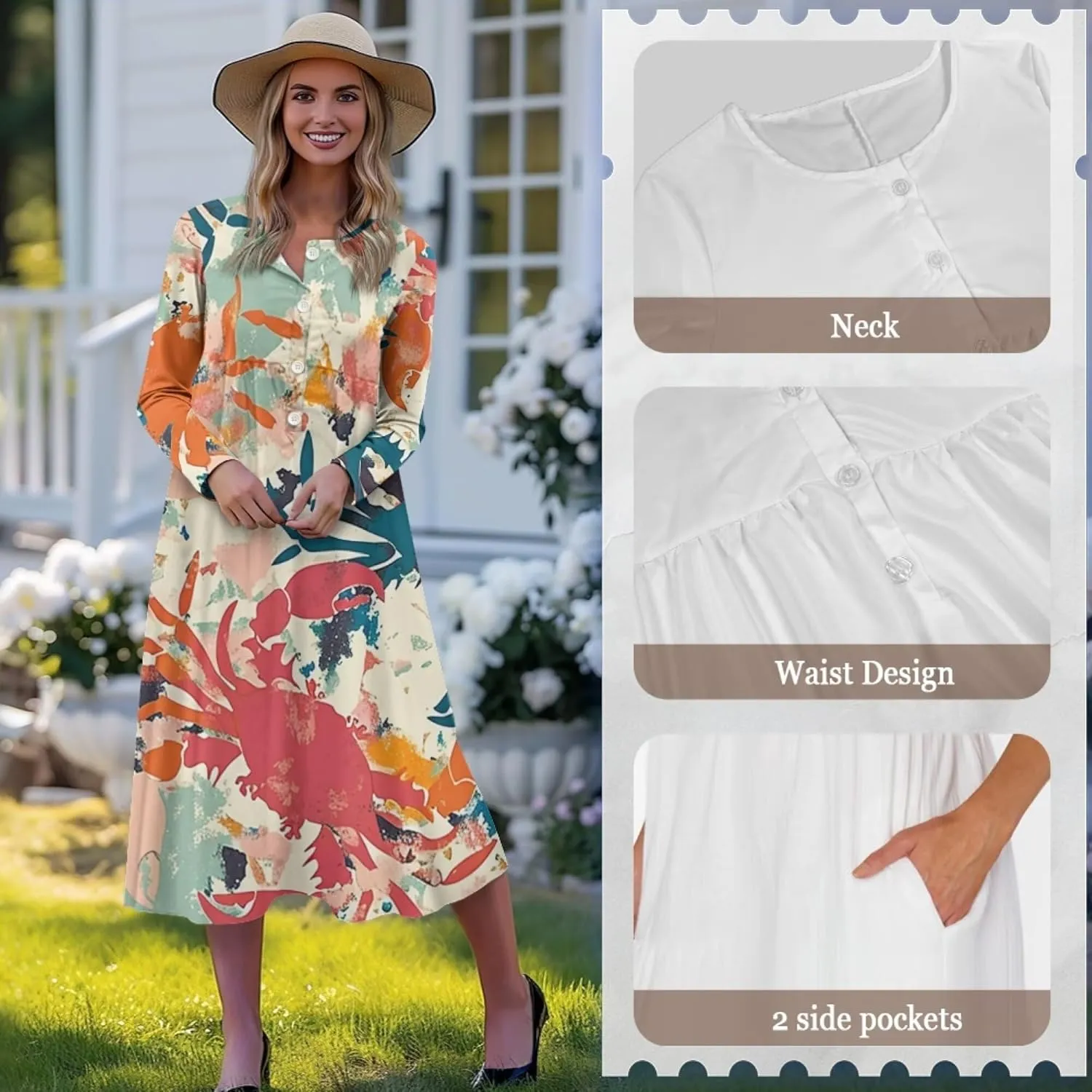 Dresses for Women Sexy V Neck Front Button Midi Party Dress Casual Long Sleeve Soft Comfy Fall Dresses with Pockets