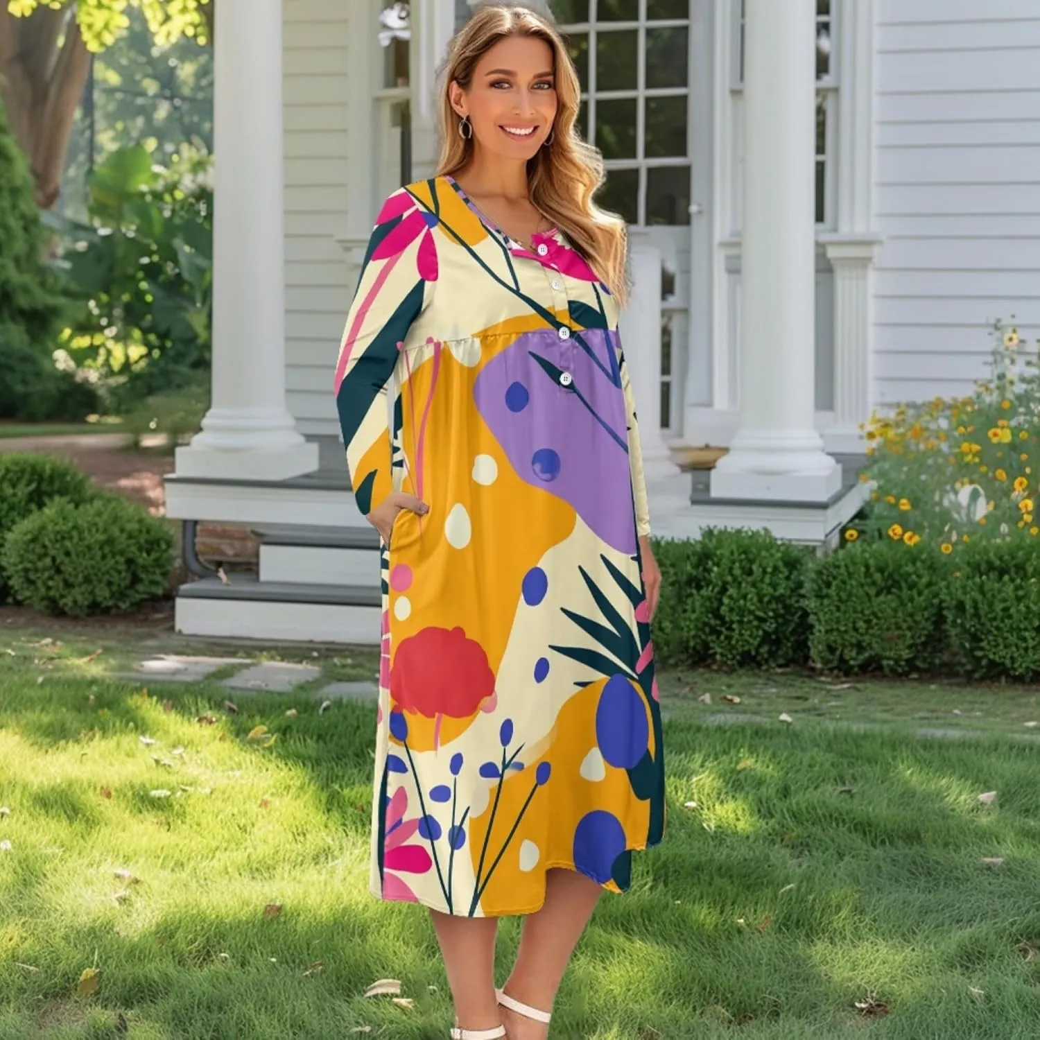 Dresses for Women Sexy V Neck Front Button Midi Party Dress Casual Long Sleeve Soft Comfy Fall Dresses with Pockets