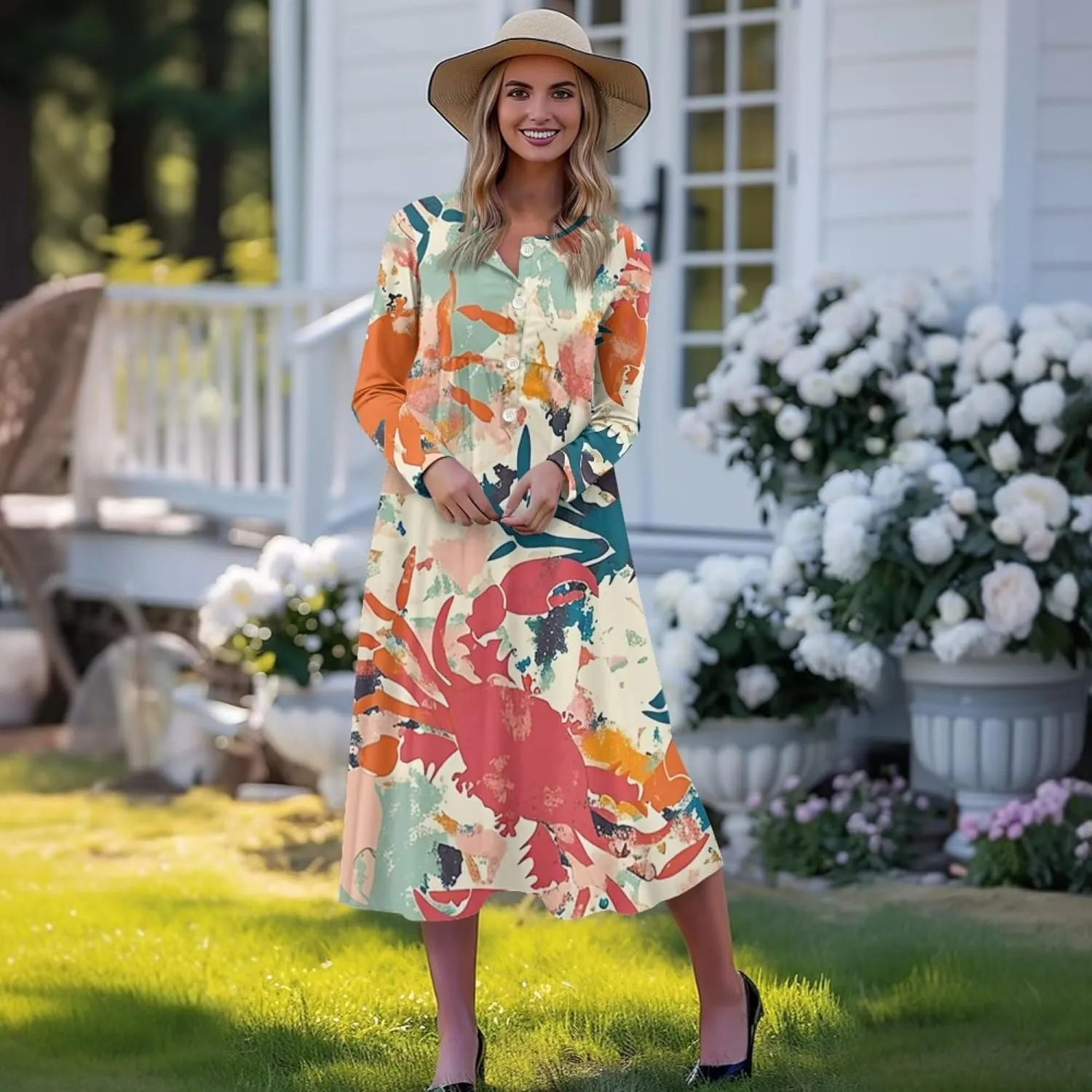 Dresses for Women Sexy V Neck Front Button Midi Party Dress Casual Long Sleeve Soft Comfy Fall Dresses with Pockets