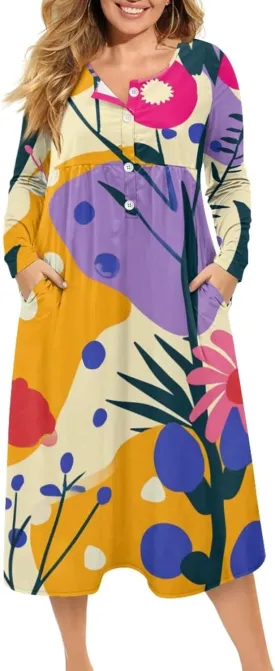 Dresses for Women Sexy V Neck Front Button Midi Party Dress Casual Long Sleeve Soft Comfy Fall Dresses with Pockets