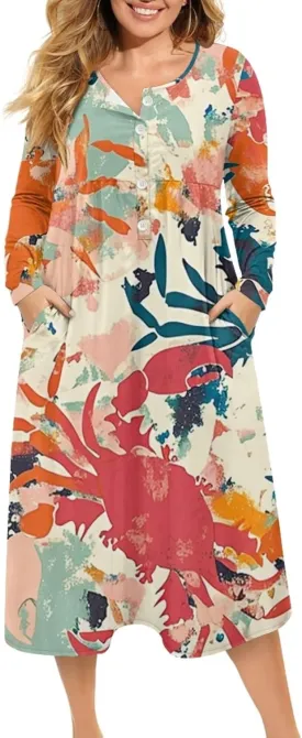 Dresses for Women Sexy V Neck Front Button Midi Party Dress Casual Long Sleeve Soft Comfy Fall Dresses with Pockets
