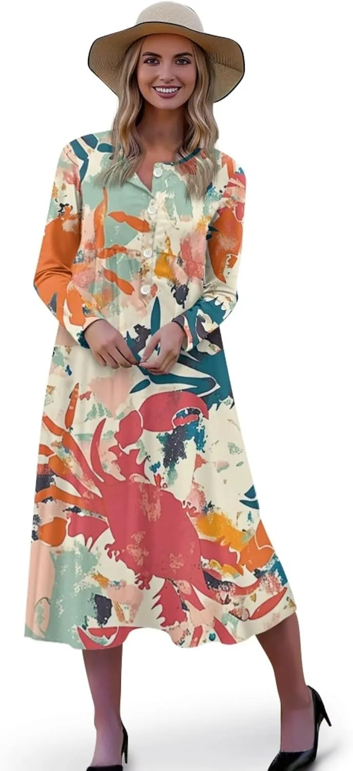 Dresses for Women Sexy V Neck Front Button Midi Party Dress Casual Long Sleeve Soft Comfy Fall Dresses with Pockets