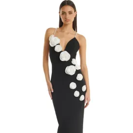 dunnmall Royal Style Dress High-Grade Pearl Shoulder Strap Bandage Dress Three-Dimensional Flower Design Party Evening Dress for Women