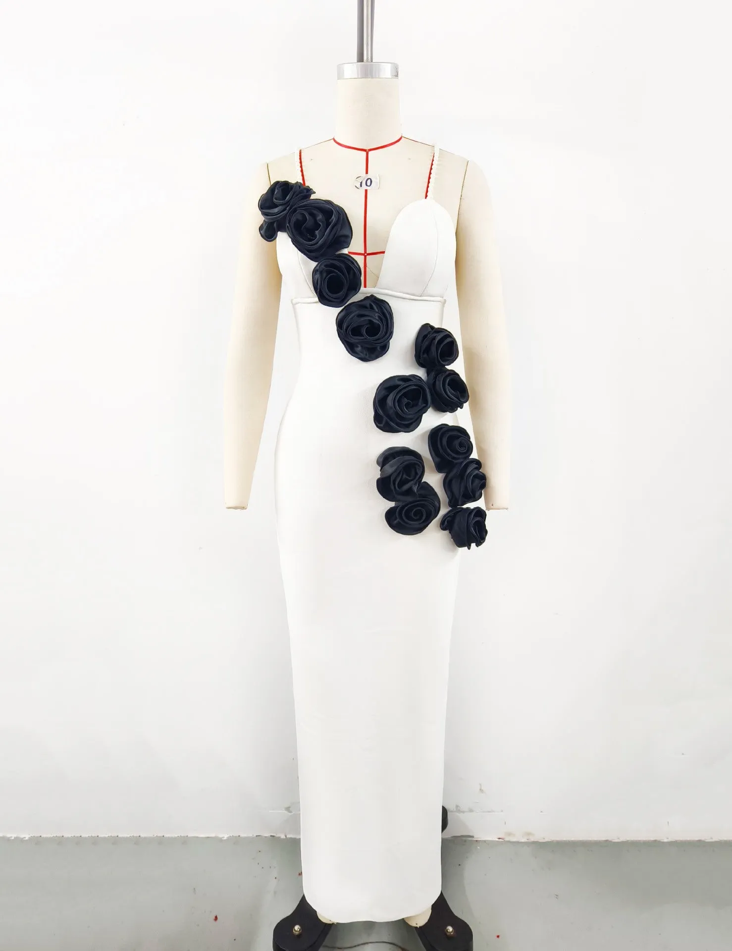 dunnmall Royal Style Dress High-Grade Pearl Shoulder Strap Bandage Dress Three-Dimensional Flower Design Party Evening Dress for Women
