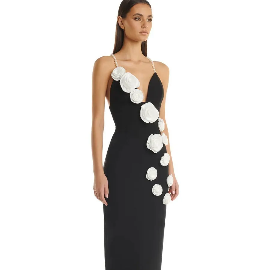 dunnmall Royal Style Dress High-Grade Pearl Shoulder Strap Bandage Dress Three-Dimensional Flower Design Party Evening Dress for Women