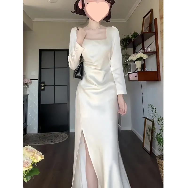 dunnmall White Dress  New Toast Dress Long Sleeve Engagement Dress Women's Satin Collar Dress