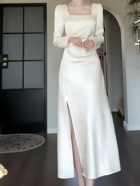 dunnmall White Dress  New Toast Dress Long Sleeve Engagement Dress Women's Satin Collar Dress
