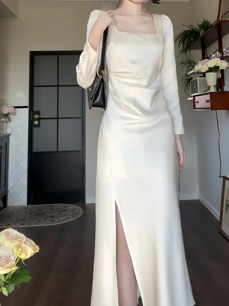 dunnmall White Dress  New Toast Dress Long Sleeve Engagement Dress Women's Satin Collar Dress