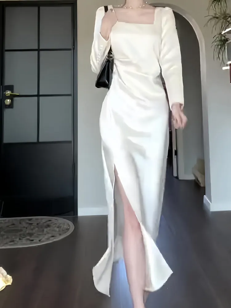 dunnmall White Dress  New Toast Dress Long Sleeve Engagement Dress Women's Satin Collar Dress