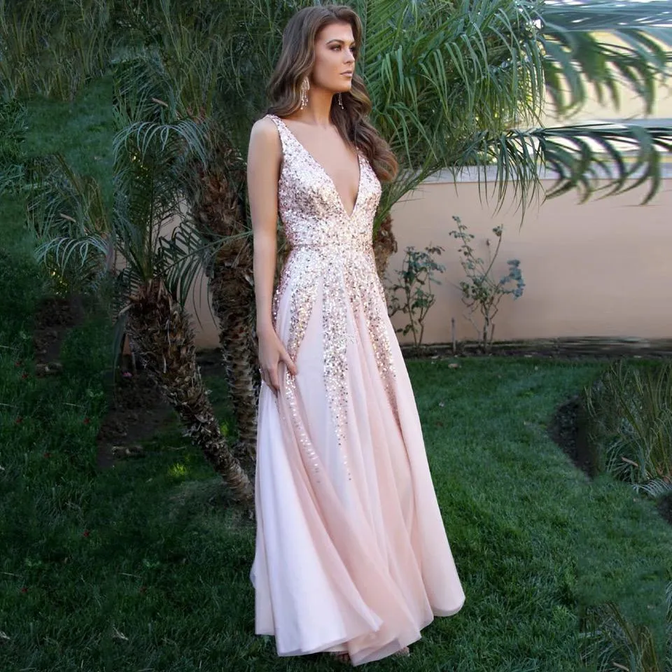 Evening Grown Long Dress Sexy V-neck Chiffon Evening Dress