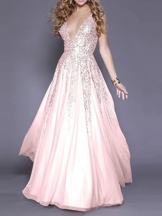 Evening Grown Long Dress Sexy V-neck Chiffon Evening Dress