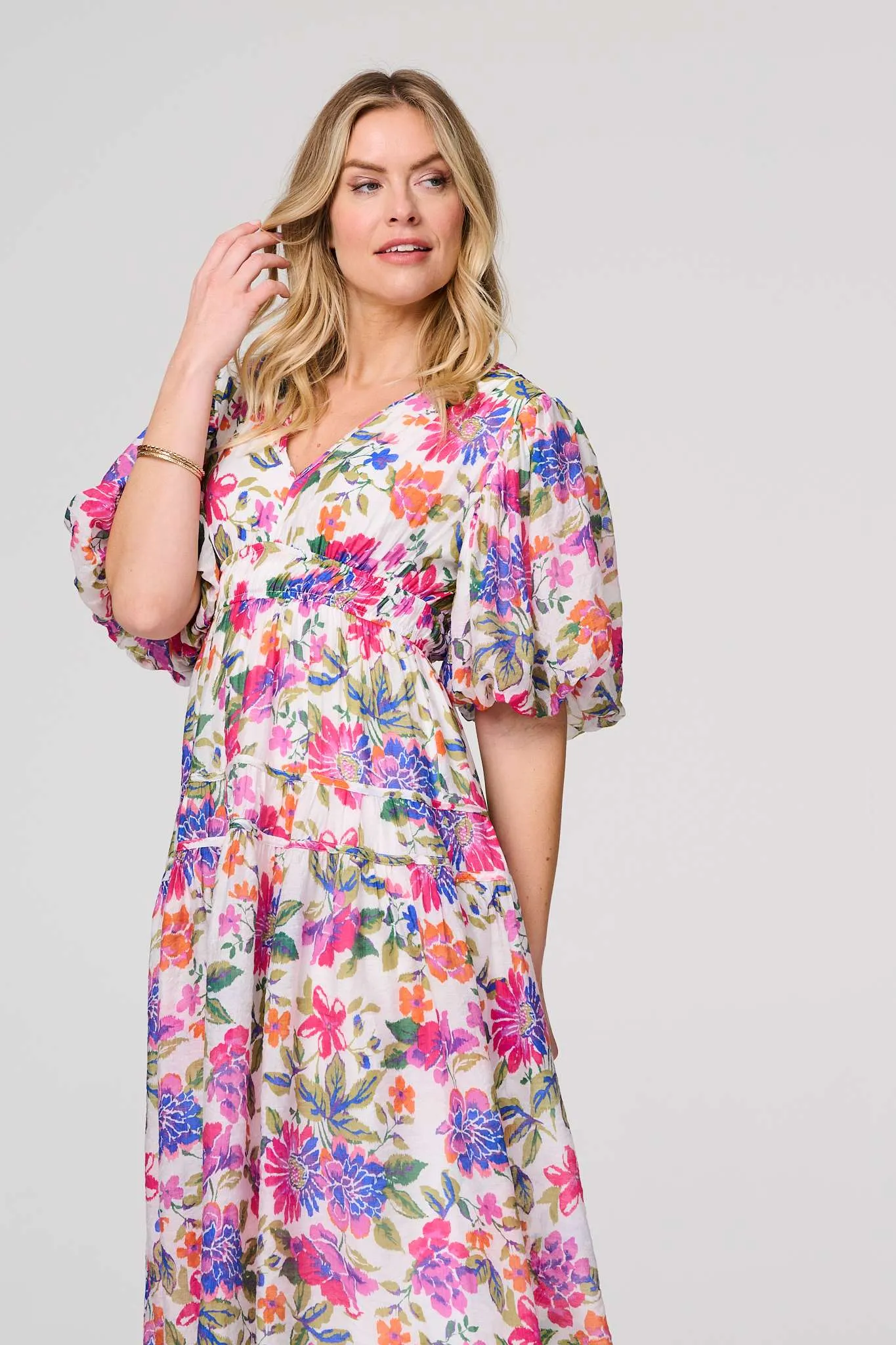 Floral 1/2 Puff Sleeve Midi Dress