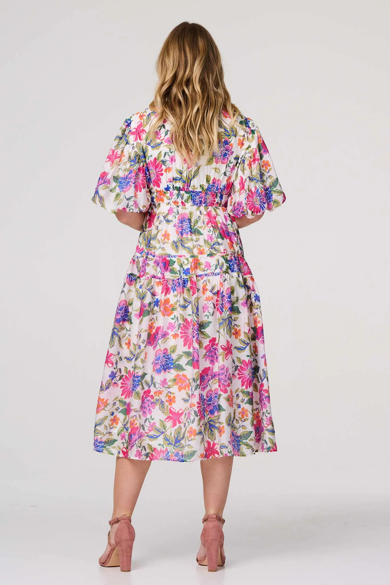 Floral 1/2 Puff Sleeve Midi Dress